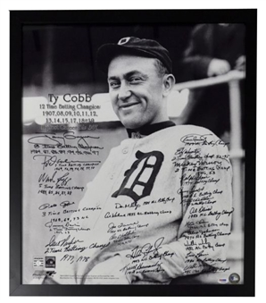 Smiling Ty Cobb 20x24 Framed Photo Signed By 24 Batting Champions Including Puckett, Boggs, Carew and Gwynn